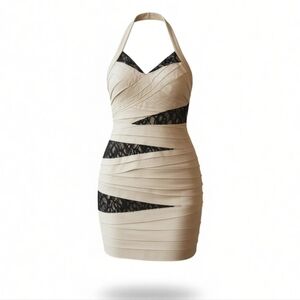 Bebe White Tiered Halter Dress with Black Lace Detail